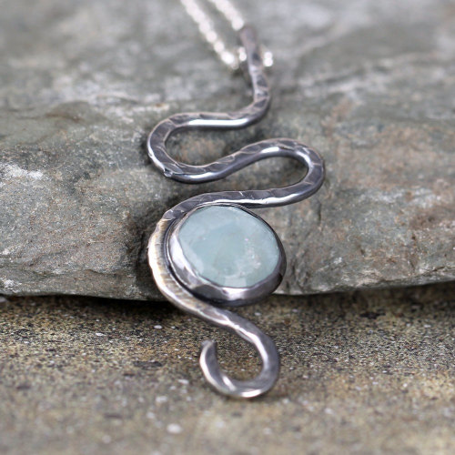 Aquamarine Pendant - Sterling Silver Swirl Necklace - March Birthstone - Modern Jewellery - Rustic N