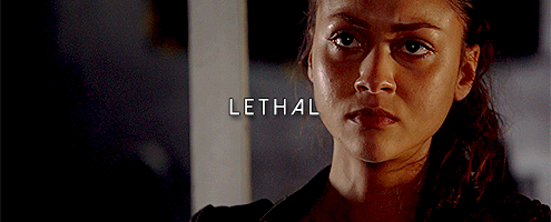 natharmiller:(insp.) [caption: three gifs of raven from the 100 with a word in caps over each. the f