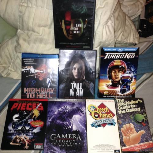 Awesome #newmovie day! #pieces #turbokid #bluray #dvd #vhs #cheechandchong #gamera #hitchhikersguide