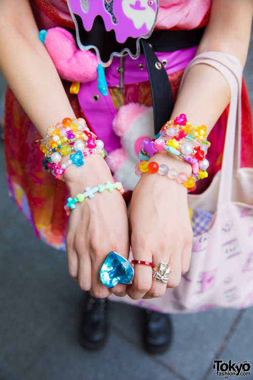 tokyo-fashion:Sakura Pluto on the street in Harajuku wearing a colorful kawaii style with fashion by