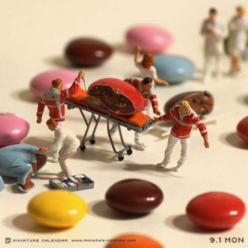 cross-connect:  Japanese artist Tanaka Tatsuya creates miniature diorama for daily calendar since 2011. His artwork titled “miniature calendar” depicts diorama-style toy people with household items, including food and vegetables. He updates his