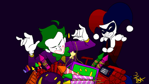tiya-minuscule:  Happy new year !!I’m not late… You’re late!Anyway, I hope you had a blast on New Year Eve just like Harley and the Joker did ! (without the punch obviously)Also it was really cool to work on longer animation it’s been a while