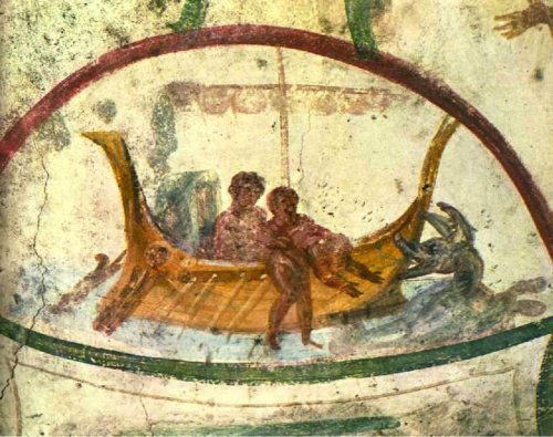 artofthedarkages:“Jonah Cast Overboard Fresco in the Catacombs of Marcellinus and Peter”