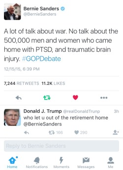 thomasthetalkingengine:  n0stalgia-killsx:  this is real wtf does trump even know about politics or care about the troops he intends to send out to war or is he just doing this to insult people  bernie is only 5 years older than trump why is he talking