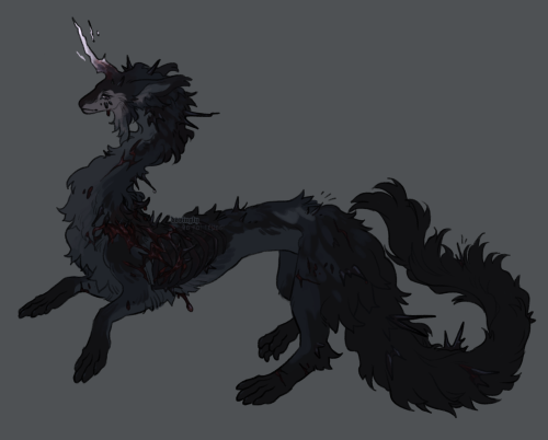 A furred, long-bodied grey-ish dragon with thorns growing along their body. Their rib cage is exposed with small scraps of flesh attaching to the body, and they have a singular horn which grows brighter towards the tip.