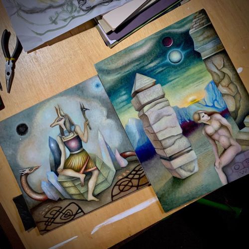 2 recent #oilpaintings of #mythology and #imaginarylandscapes #pyramids #anubis and the #solar syste