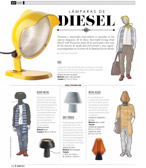 “diesel+foscarini: successful lighting” an article and a series of illustrations featuri