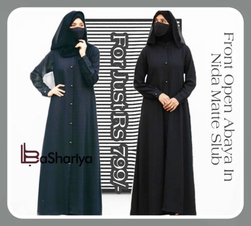 Front Open Abaya In Nida Matte Slub Price Rs 799/- Buy online from www.bashariya.com Call or What'sA