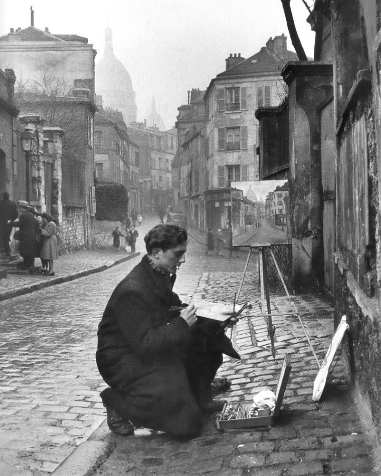 Ed Clark. A young artist paints Sacré-Coeur from the ancient rue Norvins in Montmartre. Paris, 1946.