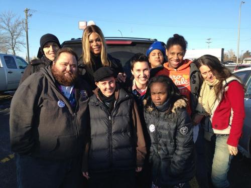 CeCe McDonald and her crew of friends, supporters and Laverne Cox right after picking her up from pr