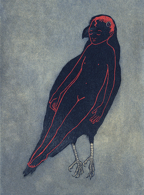 2headedsnake:  Audrey Niffenegger ‘Topsy-Turvy’, 2010, graphite and gouache ‘Raven Girl’, 2013, etching ‘Heart Strings’ ‘The Three Incestuous Sisters’, 2005, hand-colored aquatint etching ‘Mother and Child’, 2010, ink and gouache 