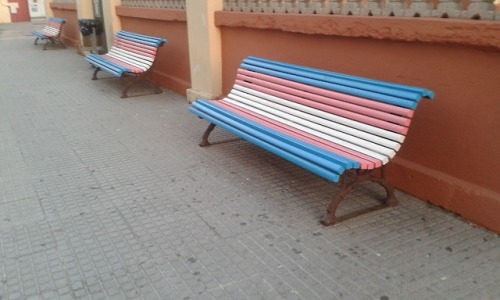 anti-capitalistlesbianwitch:I came across some benches painted like the transgender pride flag today