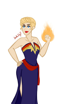 cinderdrilla:  So uh because of Daisy i ended up drawing Carol in a dress based on her captain marvel uniform.  