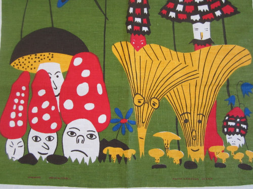 vintage Swedish towel featuring anthropomorphic mushrooms