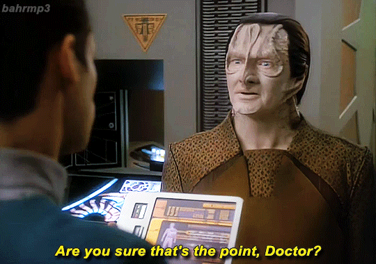 12/15 gif: camera cuts to back to garak. he questions julian, “are you sure that's the point, doctor?”