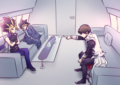 Drawn for the Yu-Gi-Oh! Big Bang 2018Kaiba, Atem and Yugi on Kaiba’s jetCheck out the fic here
