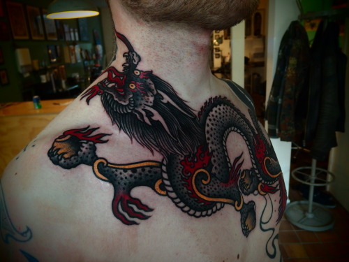 guyletatooer:  Tibetan dragon . Done on Thye at Papanatos . 