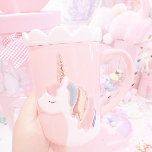 honeysake:♡ Cute Pink Unicorn Mug with Spoon and Ceramic Lid - Buy Here ♡Discount Code: honey (10% o