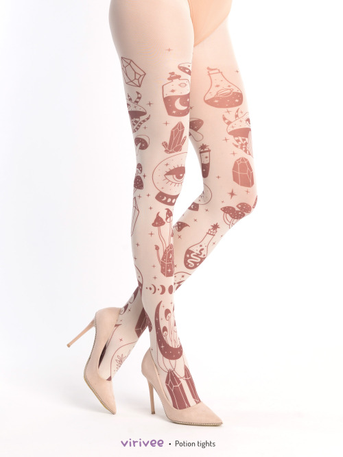  Mushroom and potion celestial tights, brownIvory celestial tights with mushrooms and potions prin