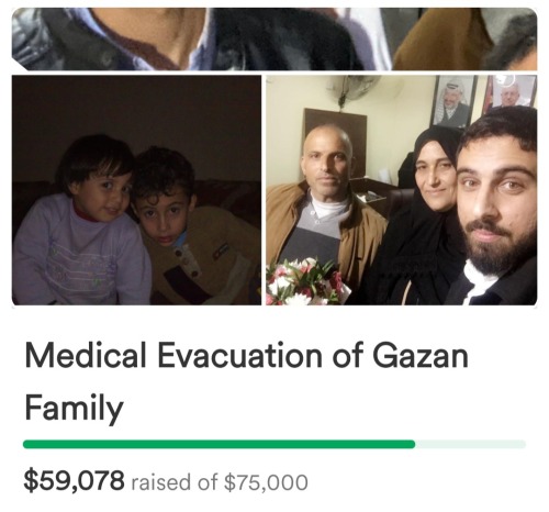 A screenshot of the GoFundMe app. There is a collage of photos that show both children and adults smiling. There is text under the photos that reads: Medical Evacuation of Gazan Family. Below that is a green bar that signifies how much money they've gained in their fundraising campaign. Below the bar is the money they've raised. It is in US dollars and reads: $59,078 raised of $75,000.