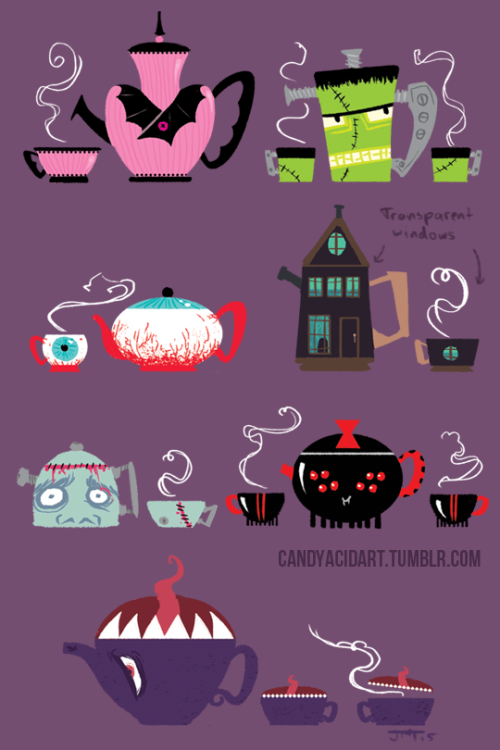 forthegothicheroine:candyacidart:Tea Horror! Prop concepts for horror-themed tea sets. Digital, 2015