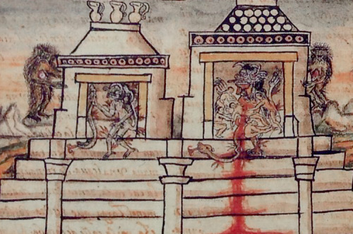 Sacrifice in the oratory of Huitzilopochtli, The Great Temple of Tenochtitlan, Durán Codex, 16th cen