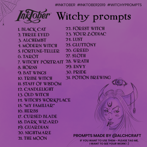 My prompts for this year Inktober! Witchtober, Witchy prompts for all of you.If you post it rem