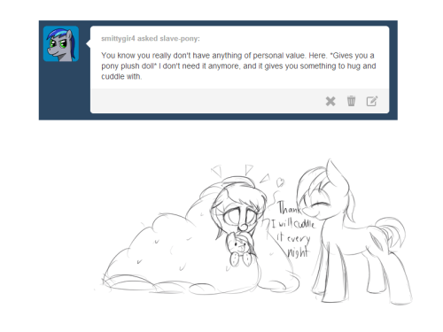 slave-pony:  <3  AWWWWWWW THIS IS SO CUTE! (warning this blog is nsfw)Thanks for including Smitty in the update ^^ 
