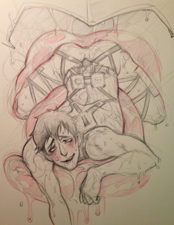 viscousdessert:  My client(s) cancelled on me. I’m working traditional commissions while sketching up gross doodles. Bertholdt (and armoured titan) is helping me ease on my exasperating day.