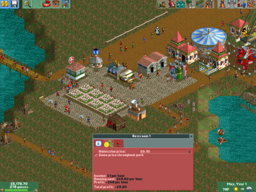 Deciding to play it safe, I have started Horsedick Partytown Park out with the classic “that one area where you shove all the shitty starting rides plus also a food court” tactic. We are starting to make a profit, and can probably make some