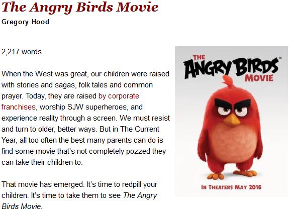 venusian–eye:
“ afloweroutofstone:
“ Me, two and half months ago:
““I feel like the Angry Birds movie is gonna be a right-wing allegory about the refugee crisis” ”
Gregory Hood, in this openly racist review that I’m not going to link to:
“ “The moral...