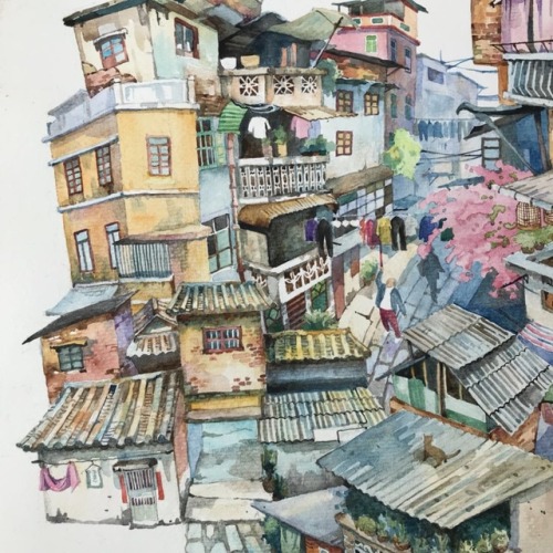 Old houses in Guangzhou ,China. With watercolor