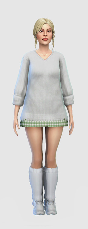 1. sweater, skirt, leg warmers, shoes 2. top, skirt, shoes 