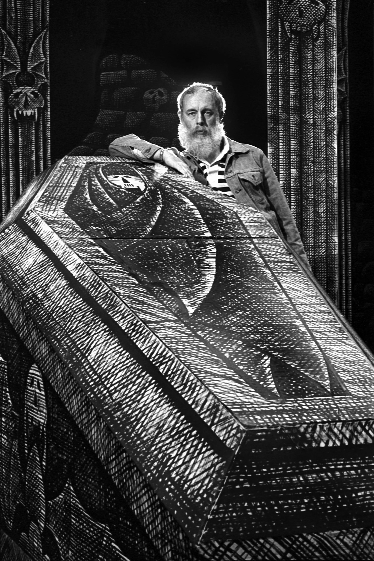 disease:
“Edward Gorey on the set he designed for Dracula, in 1977. He received a Tony Award for the costumes he created for the play.
”