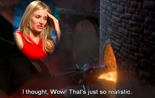 nursary:angelstills:Cameron Diaz on the animation of the 2001 film, Shrek.me watching shrek