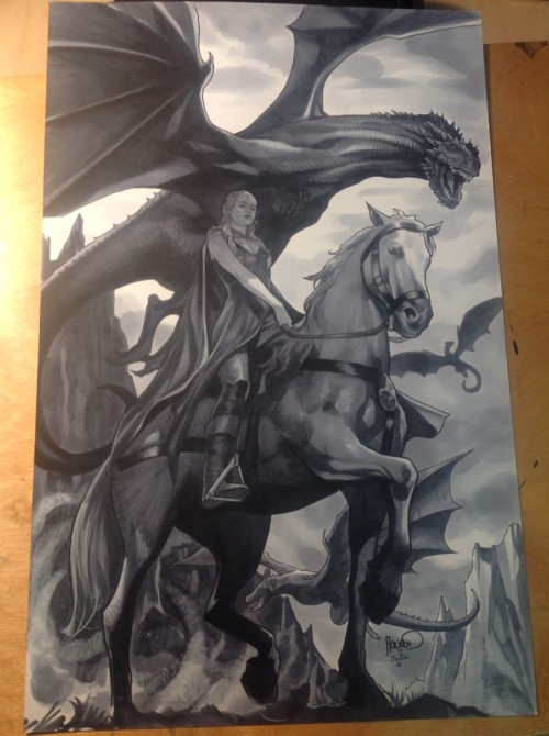 Daenerys Targaryen on a horse (and friends) full figure 11x17&quot;, cool gray copic markers