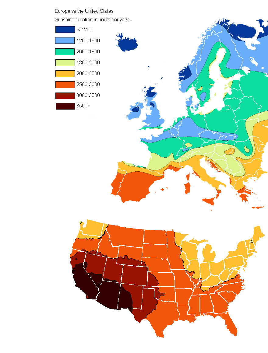 Sunlight duration in hours per year in Europe and the continental United States.