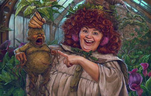 Pomona Sprout and a mandrake plant -  Harry Potter and the chamber of secrests by  Vladisl