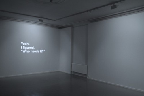 lehroi:  Ignas Krunglevicius ‘NARRATIVE WITH AN UNEXPECTED OUTCOME’, 2011. The video installation documents a dialogue from a group therapy session as animated text. Each screen represents a different persona from the therapy session. During