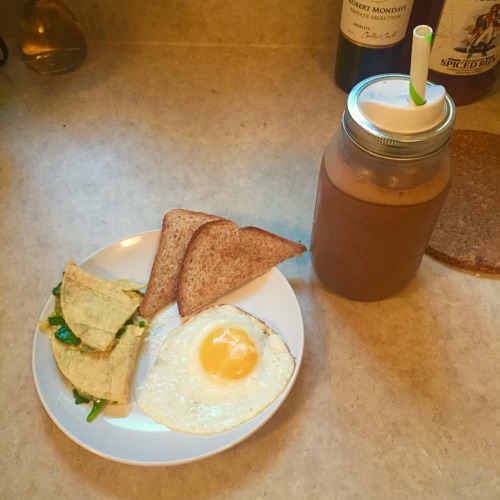 Breakfast  Egg, while wheat bread, spinach quesadilla, and chocolate milk  Back I that health kick. 