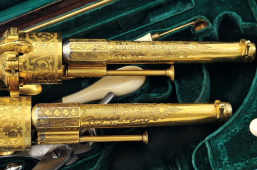 Fine cased set of gold plated ivory handled, and engraved French Lefaucheux pinfire revolvers, dated