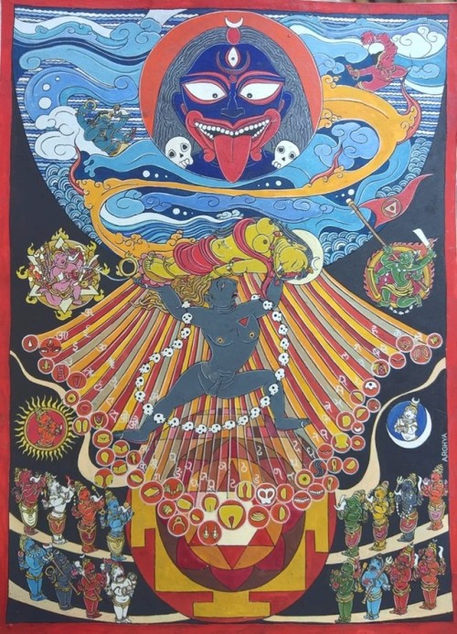 The Dynamic Corpse by Arghya Dipta. Shiva was bearing the corpse of the Devi. It was above his head.