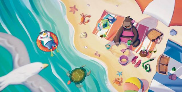 a gorilla, a duck and a bee drawn in cartoon style are enjoying their time on the beach in a sunny day, spread page illustration of ella the gorilla, by freelance digital artist and illustrator Muhammad at-Tayieb al-Hyari