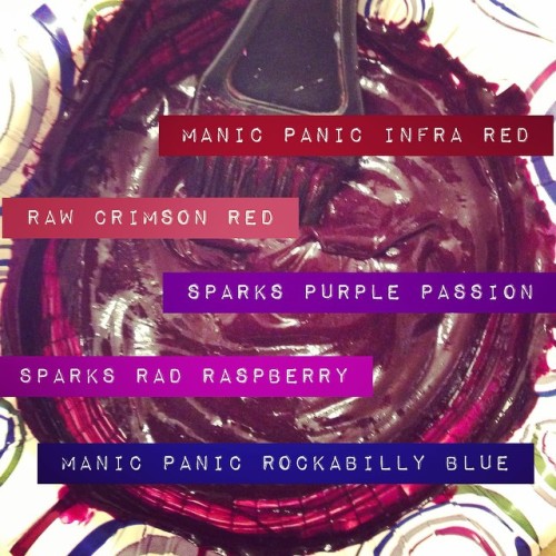 shanshortcakebeauty:  I get asked so often what color I dye my hair with! It’s usually mostly Manic Panic Infra Red and Sparks Purple Passion. I redyed it last night and used this combination (most of these were almost gone so I used them up!) this