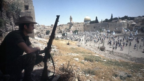 An Israeli reservist overlooks Jerusalem during the Six Day War, 1967.