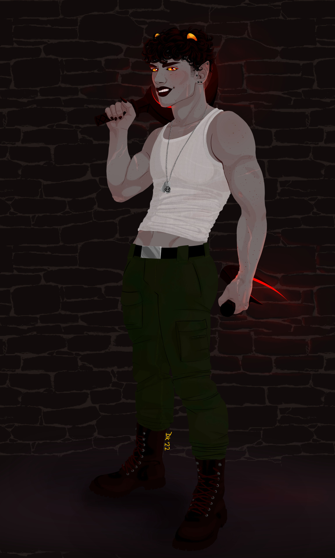 well it took a few days longer than intended, but as promised, Hot Karkat Summer is upon us. @callmearcturus please accept this humble offering, and thank you as usual for the inspiration. in the words of one Dave Strider, “ Paramilitary Wet Dream Chic never went out of style, apparently.” #homestuck#karkat vantas #hot karkat summer  #you get both shirted and shirtless versions bc i drew the shirt first and got attached  #even tho i think it looks better w/o it  #anyways YEESH this took me back. last (and only other) time i drew karkat i was still in highschool  #can you believe it? wild how time flies  #anyways there isnt any like. specific fic/scene this is from i just wanted to draw hot buff karkat w his sickles but needed some kind of bg  #so no. i dont know why hes posing in front of a dimly lit brick wall. dont worry about it. the wall is metaphorical or smthg. idk  #also i havent decided if his sickles are like. laser or just glowy or what i just thought it looked cool  #and kept them visible bc otherwise they kinda just disappear into the bg  #ANYWAYS once again thank you archie for your excellent taste and ideas  #hot karkat summer is a great ideaand everyone should participate #daria draws #fakdhfgkdjf tumblr i am going to Bite You stop breaking the pings in my gd posts!  #if yall saw me post this like 5 miutes ago no you didnt. i didnt just remake this entire post to ensure the tagging worked properly.  #if this one doesnt work im gonna start biting for real