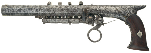 peashooter85:  Unique superimposed load ratchet fire pistol, early to mid 19th century. From Rock Island Auctions: “Made by an unknown smith, this pistol started life as a single shot underhammer target pistol before being changed to it’s present