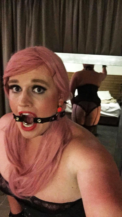 sissy-slut: In my sexy black lingerie with my O-Ring Gag ready to be violated.