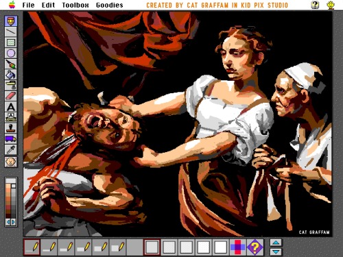 unashamedly-enthusiastic:catherinegraffam:I recreated Caravaggio’s “Judith Beheading Holofornes” in Kid Pix Studio from 1995 using a mouse Not just the talent to make art, but the self restraint to not use the stamper or the screen wipes 