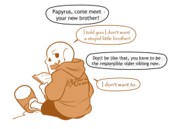 melle-d: tiny swap babies! i don’t often see the “older sibling has to warm up to the younger one” idea in the baby bones part of the fandom, so i did it super quick. I mostly wanted to draw a chubby baby swap sans. also paps is wearing Gaster’s